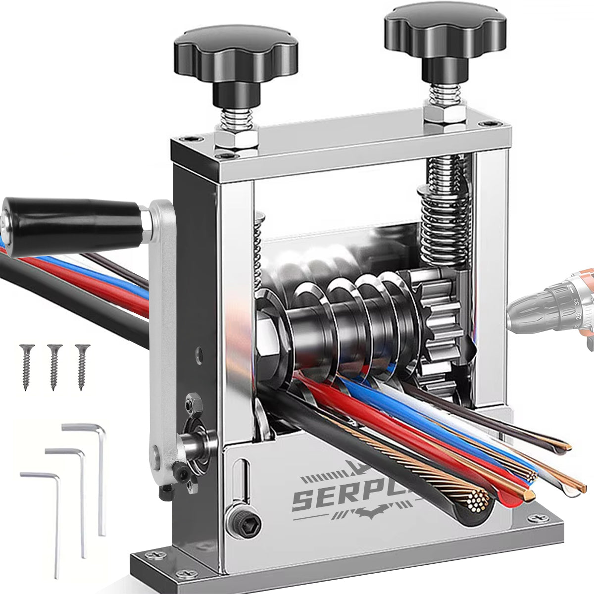 Serplex 6-IN-1 Manual Wire Stripper Machine Drill-Operated Wire Stripper Tool with Hand Crank 3-17mm Dia Cable, Manual Wire Stripping Machine with 6 Tracks & 5 Carbide Blade, for Wire Stripping Serplex 6-IN-1 Manual Wire Stripper Machine Drill-Operated Wire Stripper Tool with Hand Crank 3-17mm Dia Cable, Manual Wire Stripping Machine with 6 Tracks & 5 Carbide Blade, for Wire Stripping